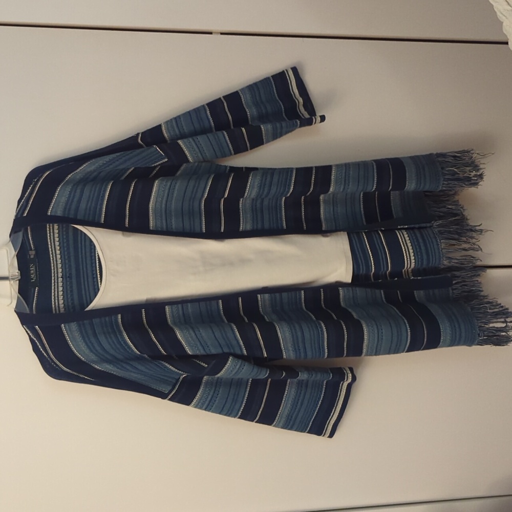 Ralph Lauren Black Label Fringed Duster Navy & Blue Stripe, Size XXL, Like New